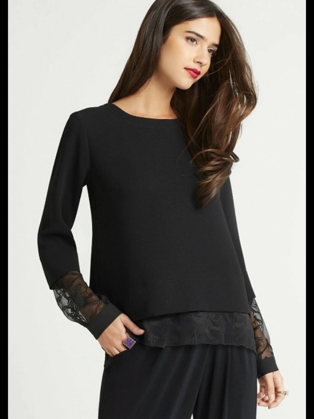 BCBGeneration Black Long-Sleeve Lace-Trim Top